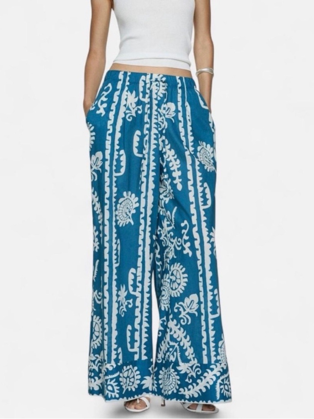 Mango Blue & White Wide-Leg Printed Palazzo Pants